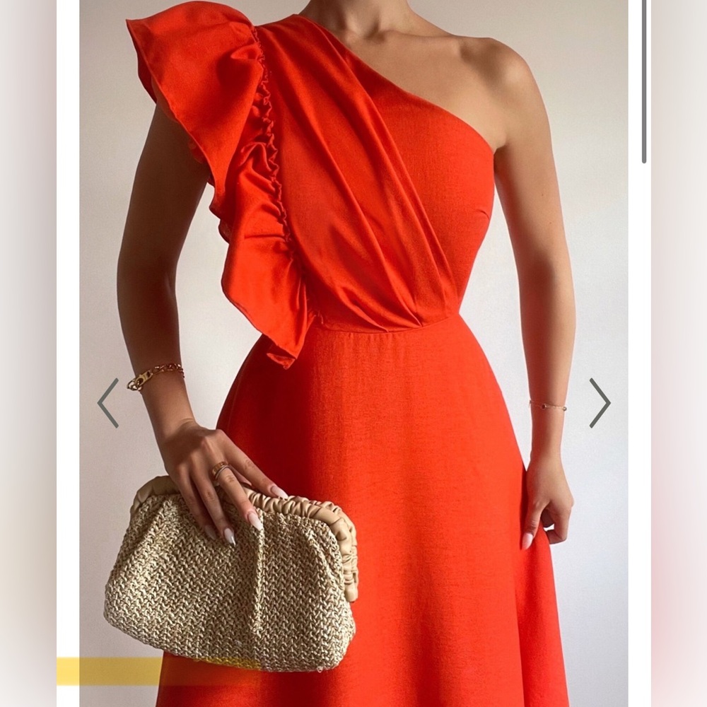 SHOWPO - Dixie Midi Dress One Shoulder Ruffle Linen in Red Orange - 14